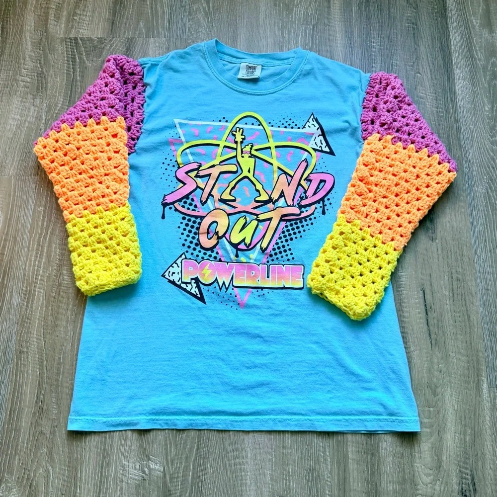 Crochet Upcycled Powerline Goofy Movie T‎ Shirt Crochet Sleeves Unisex M